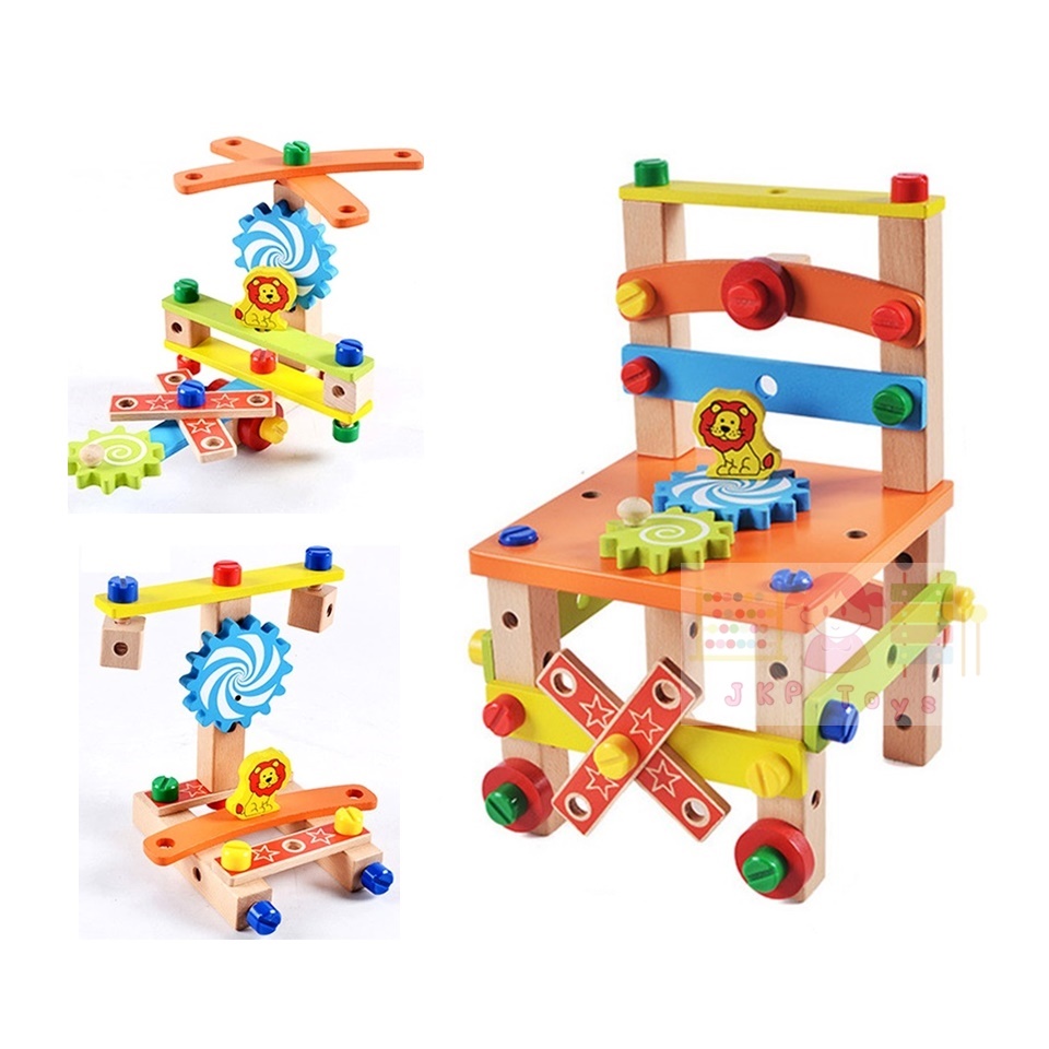 ชุดบล็อคไม้เสริมทักษะ เก้าอี้ช่างไม้ขันน็อต