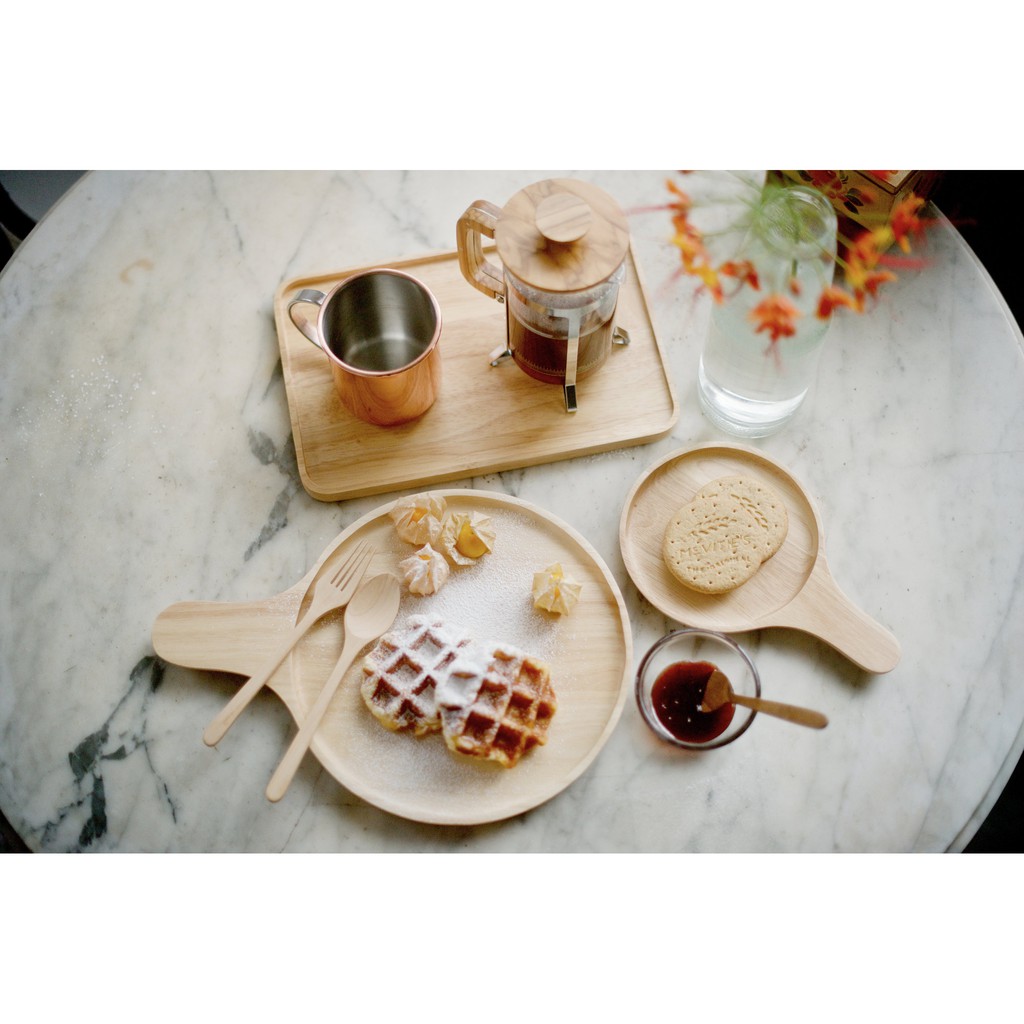 Mori No Naka จานไม้ ถาดไม้ ทรงกลมมีมือจับ CIRCLE PLATE WITH HANDLE จากไม้แท้ธรรมชาติ มี 2 ไซส์ (6", 10")