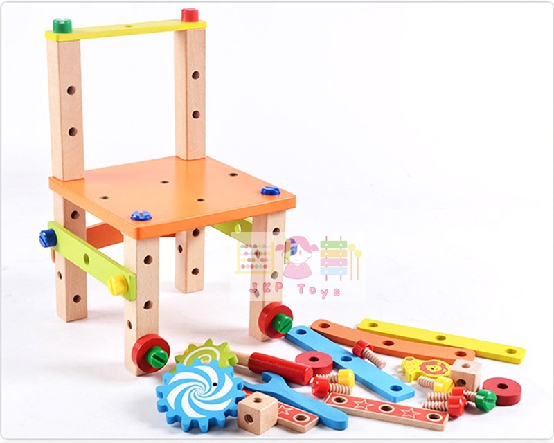 ชุดบล็อคไม้เสริมทักษะ เก้าอี้ช่างไม้ขันน็อต
