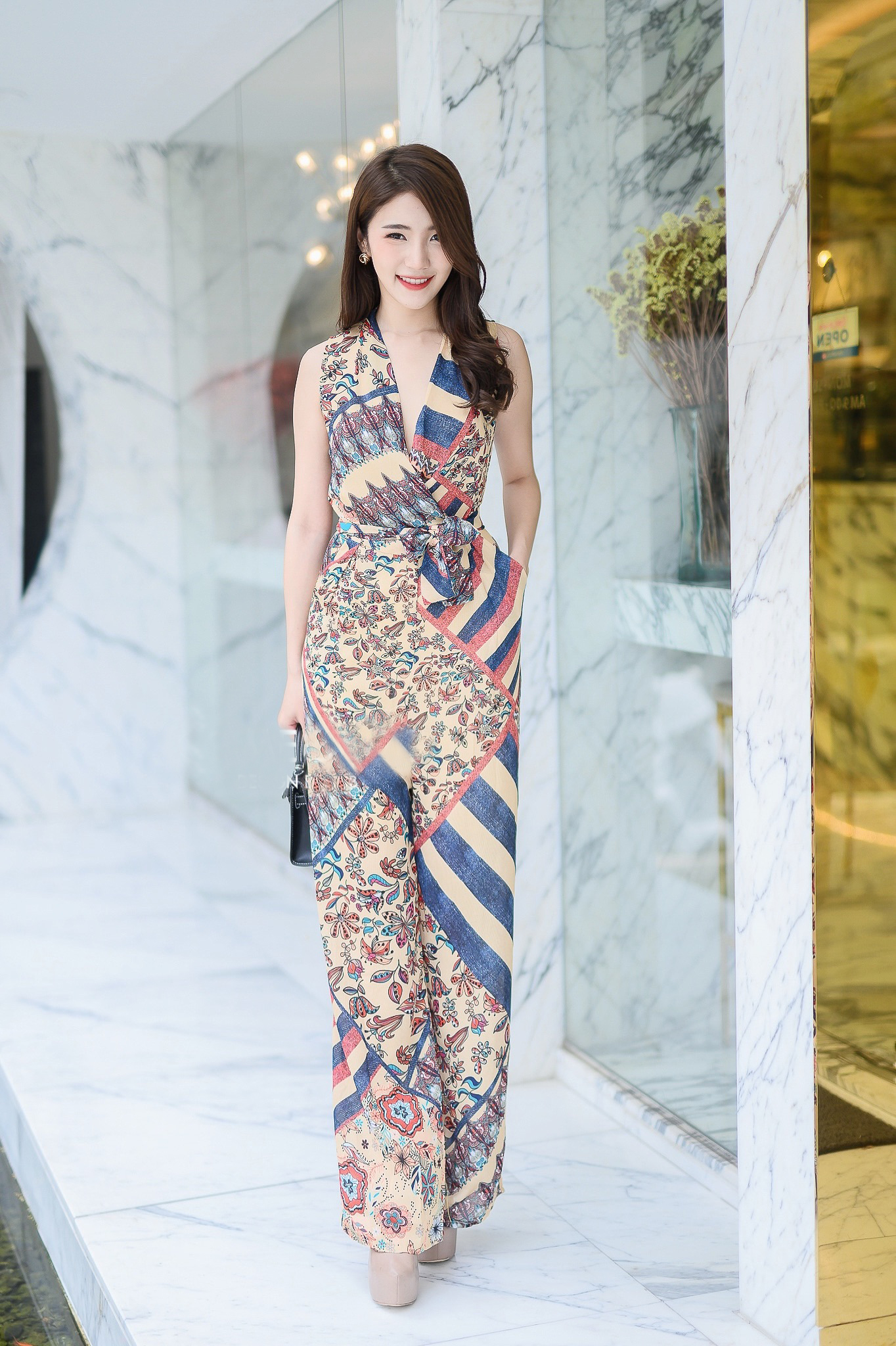 JS00103 จั๊มสูทคอวี จั๊มสูทขายาว จั๊มสูทออกงาน จั๊มสูทแขนกุด จั๊มสูทแฟชั่น