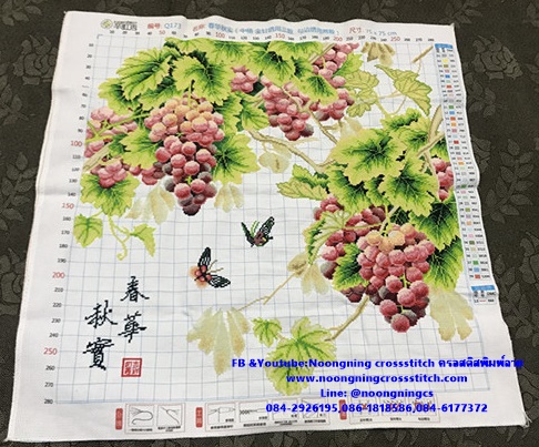 องุ่น ผีเสื้อคู่ ครอสติสปักสำเร็จ75x75cm ไม่รวมกรอบ งานฝีมือ DIY