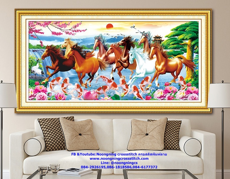 ม้า8 ปลาคราฟ มงคล ชุดปักครอสติส พิมพ์ลาย ครอสติสจีน งานฝีมือทำที่บ้าน DIY