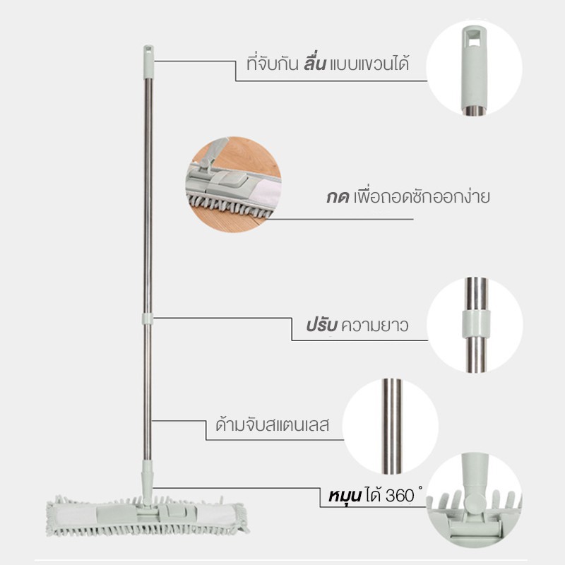 ไม้ถูพื้นรีดน้ำ ไม้ม็อบดันฝุ่น ไมโครไฟเบอร์ 42x12 ด้ามยืดหด 72-120 cm หมุน 360 องศา ไม้ดันฝุ่น ผ้าม๊อบ ไม้ม็อบ ไม้ถูบ้าน