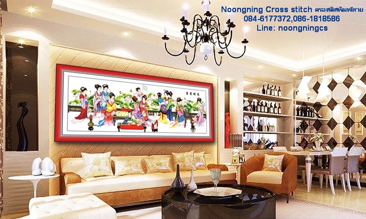 ผู้หญิงชาวจีนถือดอกไม้ ชุดปักครอสติส พิมพ์ลาย ครอสติสจีน งานฝีมือทำที่บ้าน DIY