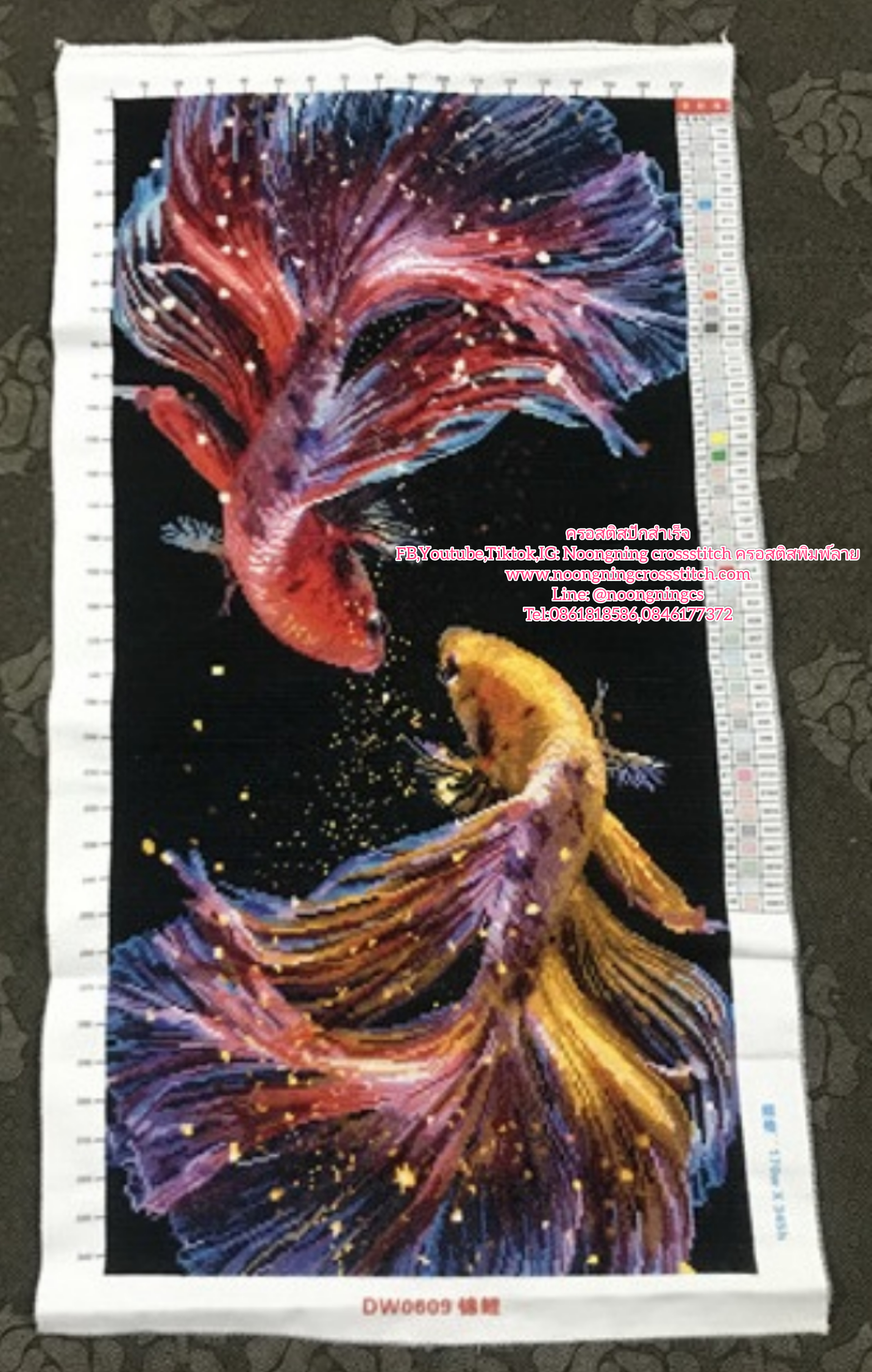 ปลากัดมงคล ชุดปักครอสติส พิมพ์ลาย ครอสติสจีน งานฝีมือทำที่บ้าน DIY