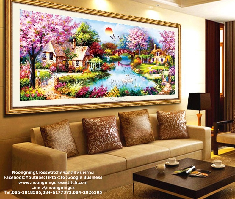 วิวบ้านริมน้ำ ชุดปักครอสติช พิมพ์ลาย ครอสติสจีน งานฝีมือ DIY