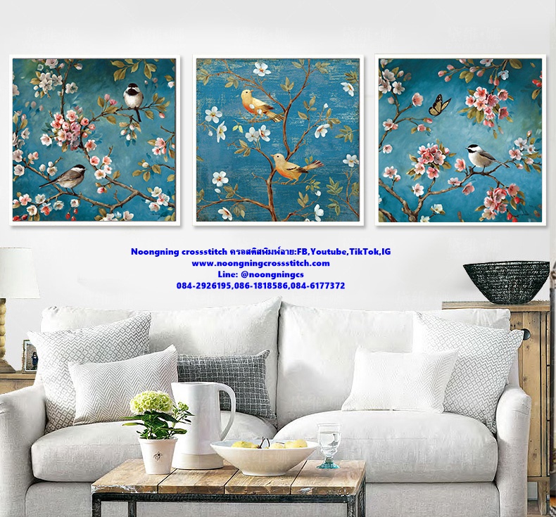 นกคู่ ดอกไม้3ชิ้น ชุดปักครอสติช พิมพ์ลาย ครอสติสจีน งานฝีมือ DIY
