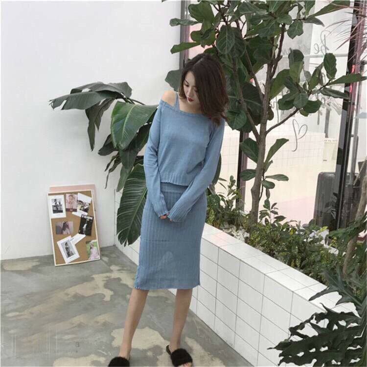 DS0053 เดรสแฟชั่น เดรสเกาหลี เดรสออกงาน ชุดออกงาน มินิเดรส เดรสสั้น ชุดไหมพรม เดรสไหมพรม ชุดทำงาน (สีฟ้า)
