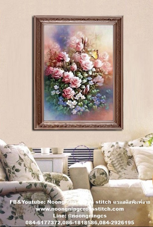 ดอกโบตั๋น มงคล ชุดปักครอสติส พิมพ์ลาย ครอสติสจีน งานฝีมือทำที่บ้าน DIY