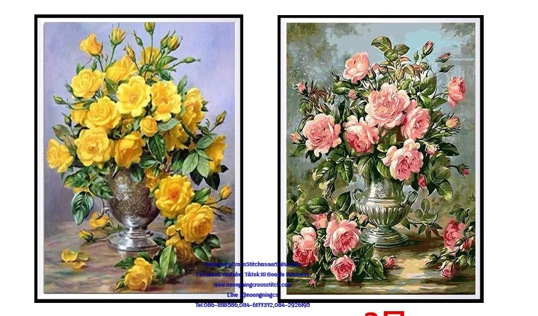 แจกันดอกไม้สวยงาม ครอสติสปักสำเร็จ