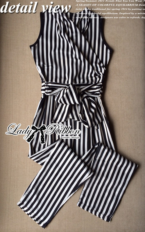 SaLe+++#Lady Ribbon's D7265 Lady Kate Minimal Chic Striped Jumpsuit with Bow จัมป์สูทลายทางประโบผูกช่วงเอว ตัวนี้ใส่แล้วดูสูงยาวเข่าดีมากๆค่ะ เพราะเป็นลายทางยาว ทำให้ดูสูงขึ้น ตัวเสื้อด้านบนเป็นแขนกุด ประดับโบผูกช่วงเอว ขายาวเป็นทรงหลวมๆ ใส่ง่ายไม่รั