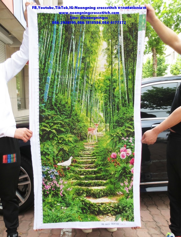 ลูกกวางในสวนไผ่ ครอสติสปักสำเร็จ11CT:ขนาดผ้า :178X90 ซม.