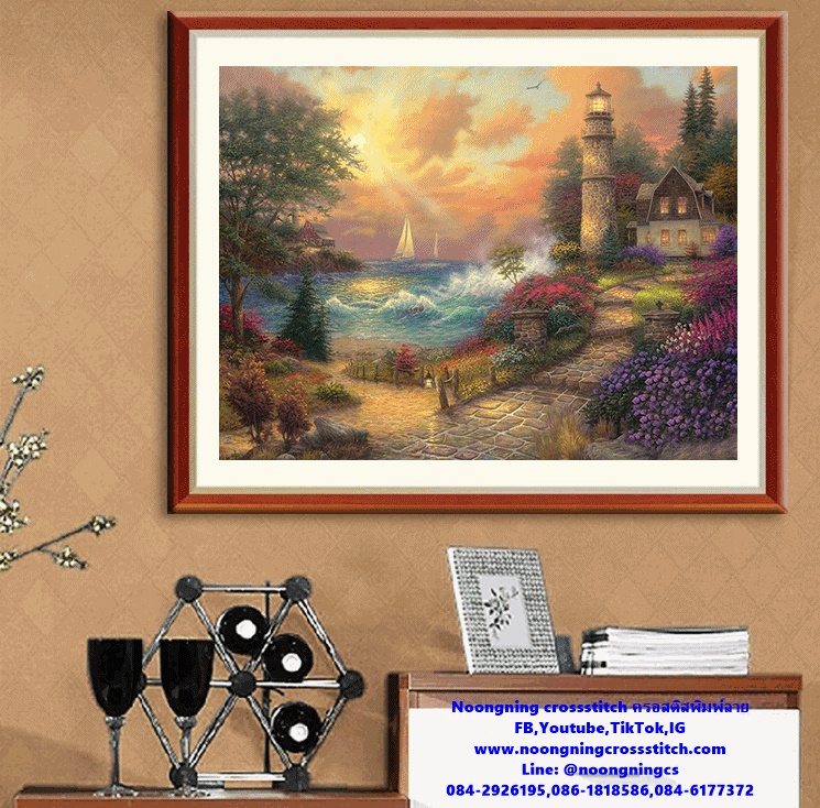 บ้านริมทะเล ชุดปักครอสติช พิมพ์ลาย ครอสติสจีน งานฝีมือ DIY