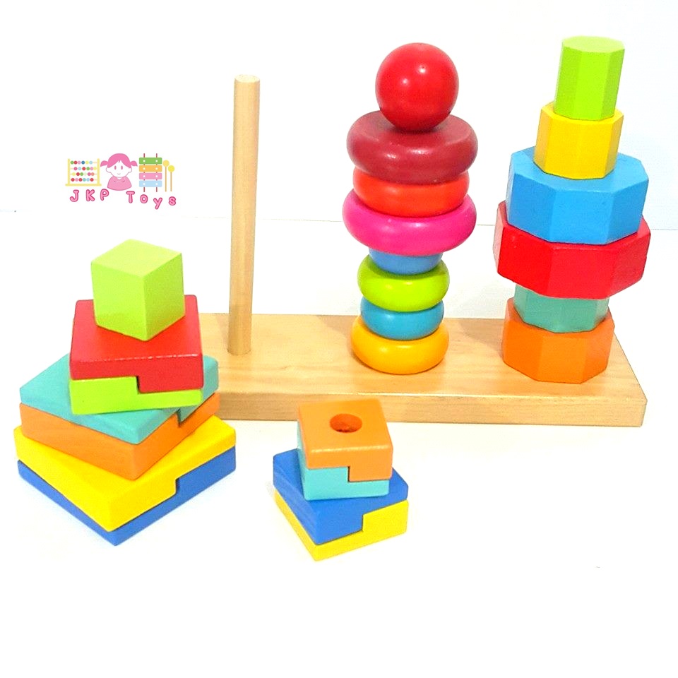 ของเล่นเสริมพัฒนาการ ของเล่น ของเล่นไม้ บล็อคไม้สวมหลัก 3 เเถวขนาดใหญ่