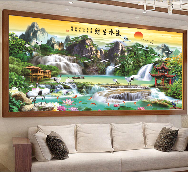 วิวบ้านในหุบเขาน้ำตกกระเรียนพระอาทิตย์ขึ้น ชุดปักครอสติส พิมพ์ลาย ครอสติสจีน งานฝีมือทำที่บ้าน DIY