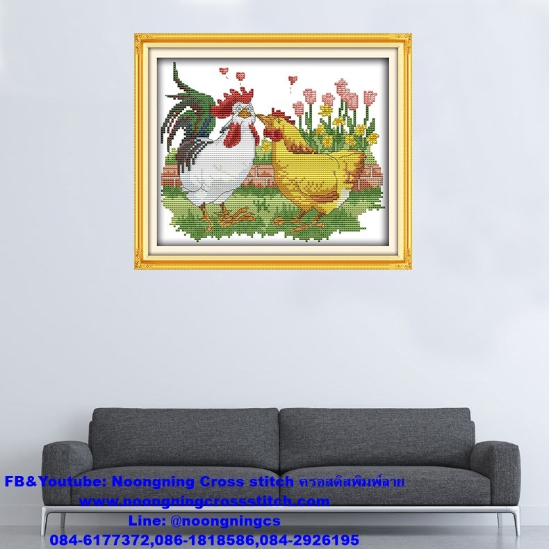 ไก่คู่มงคล ชุดปักครอสติส พิมพ์ลาย ครอสติสจีน งานฝีมือทำที่บ้าน DIY