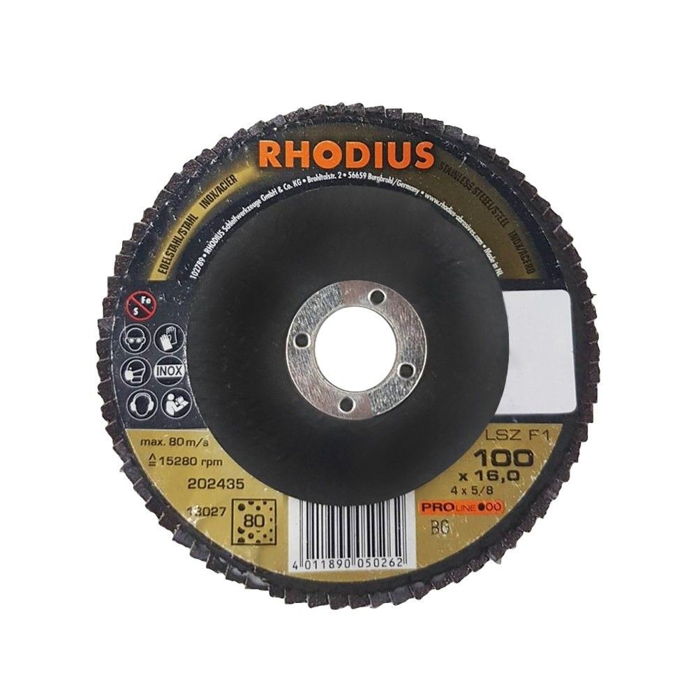 แผ่นเจียร์กระดาษทรายกลม RHODIUS #120 4 นิ้ว เครื่องเจียระไนและอุปกรณ์ FLAP DISC RHODIUS #120 4"