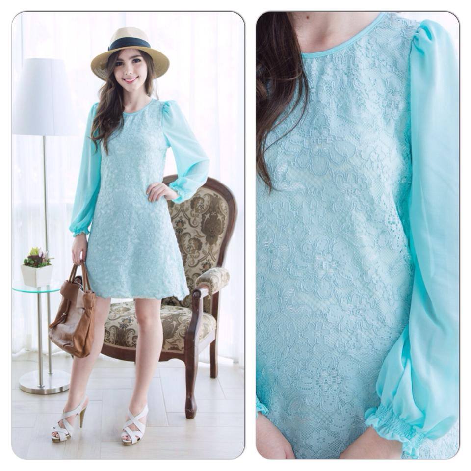 Sale++D6560 ทองย้อย Chiffon Sleeves Lace Dress เอาใจสาวๆที่ชอบเดรสลูกไม้แบบเรียบๆน่ารักๆที่ใส่ได้บ่อยหลากหลายโอกาสทั้งทำงาน เที่ยว หรือออกงานกันนะคะรอบนี้ เดรสลูกไม้คอกลมแขนชีฟองยาวจับจีบที่บ่ากับชายแขนเล็กน้อยน่ารักๆ ผสมผสานผ้าลูกไม้และผ้าชีฟองอย่างลงตัว