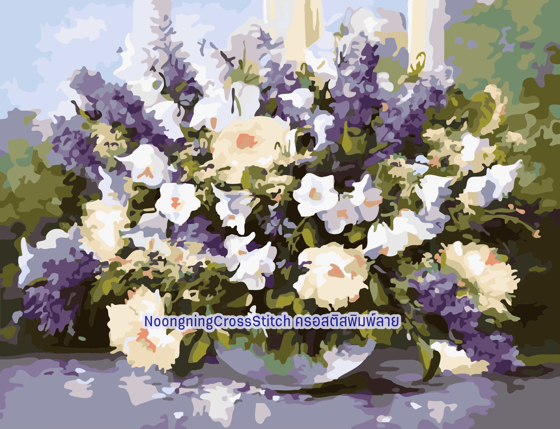 ดอกไม้สีม่วง ครอสติสคริสตัล Diamond painting โมเสก ภาพติดเพชร งานฝีมือทำที่บ้าน DIY
