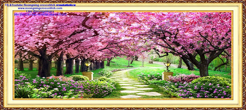 ซากุระบาน ในสวนสาธารณะ ชุดปักครอสติส พิมพ์ลาย ครอสติสจีน งานฝีมือทำที่บ้าน DIY