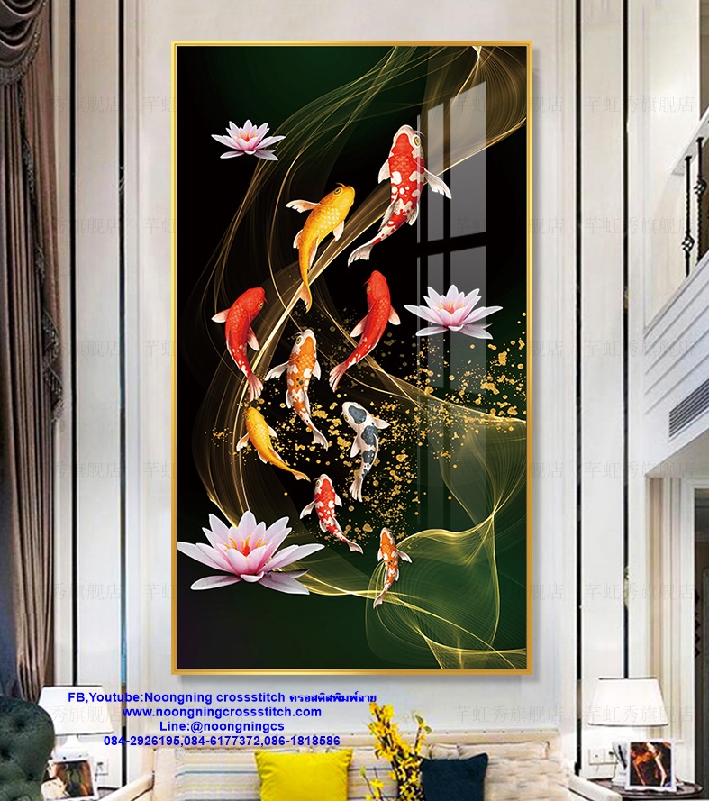 ปลาคราฟ ดองบัวมงคล ชุดปักครอสติส พิมพ์ลาย ครอสติสจีน งานฝีมือทำที่บ้าน DIY