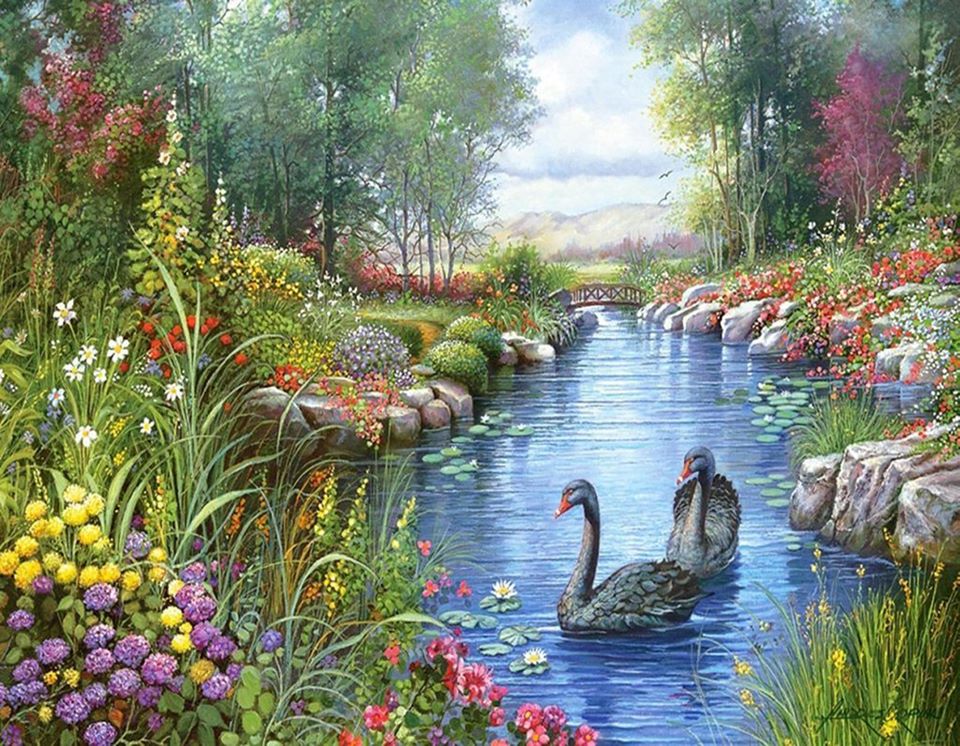 หงส์คู่เล่นน้ำ ในลำธาร ครอสติสคริสตัล Diamond painting โมเสก ภาพติดเพชร งานฝีมือทำที่บ้าน DIY