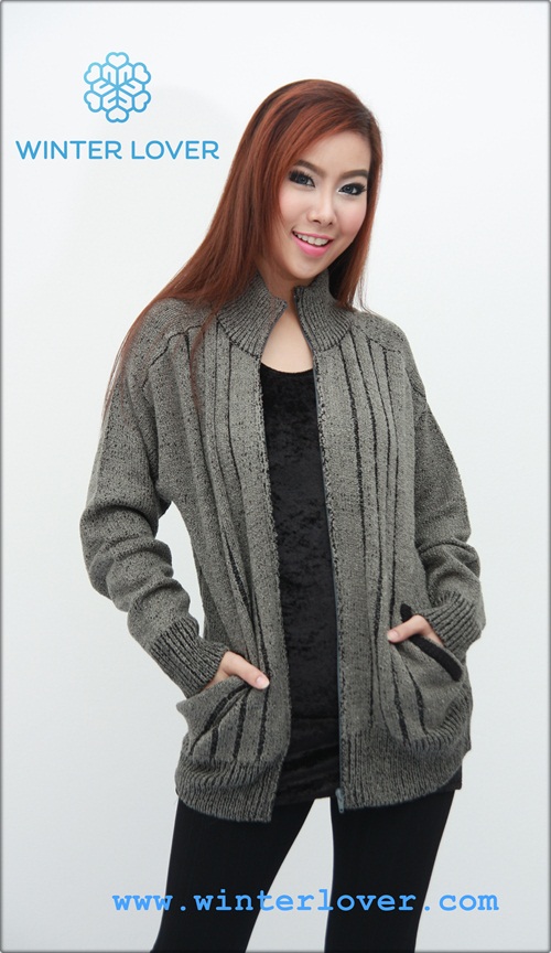 เสื้อคลุมไหมพรมกันหนาวคอปีนแขนยาวมีซิปหน้าสีเทา (พร้อมส่ง)(Free Size)