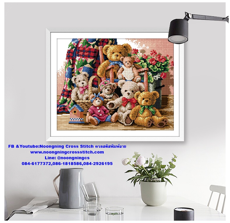 นกยูงคู่ ดอกโบตั๋น ชุดปักครอสติส พิมพ์ลาย ครอสติสจีน งานฝีมือทำที่บ้าน DIY