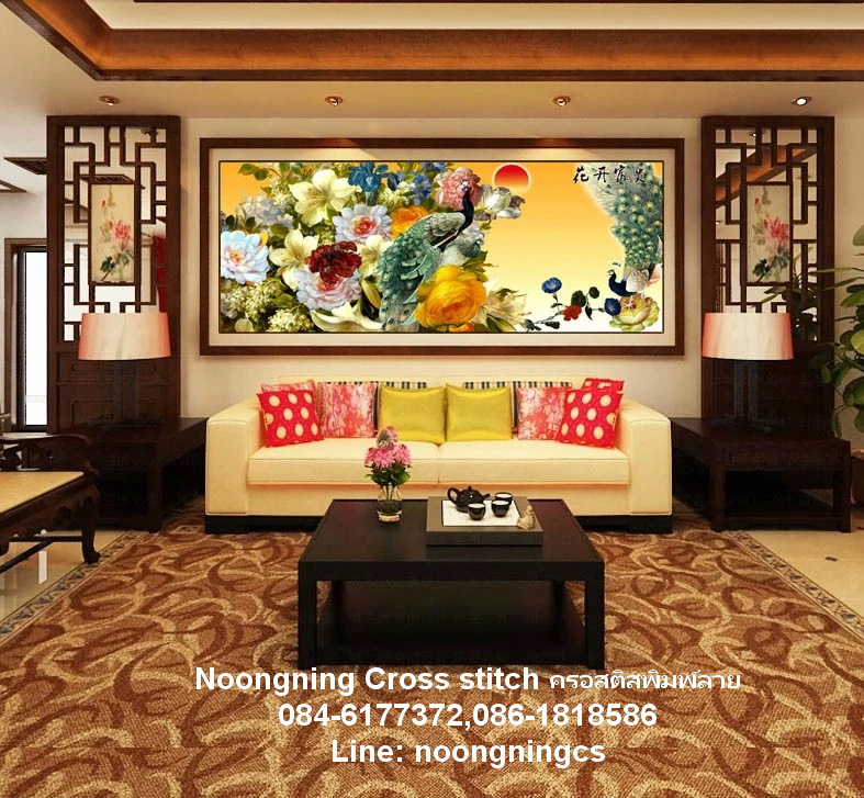 นกยูง ชุดปักครอสติส พิมพ์ลาย ครอสติสจีน งานฝีมือทำที่บ้าน DIY