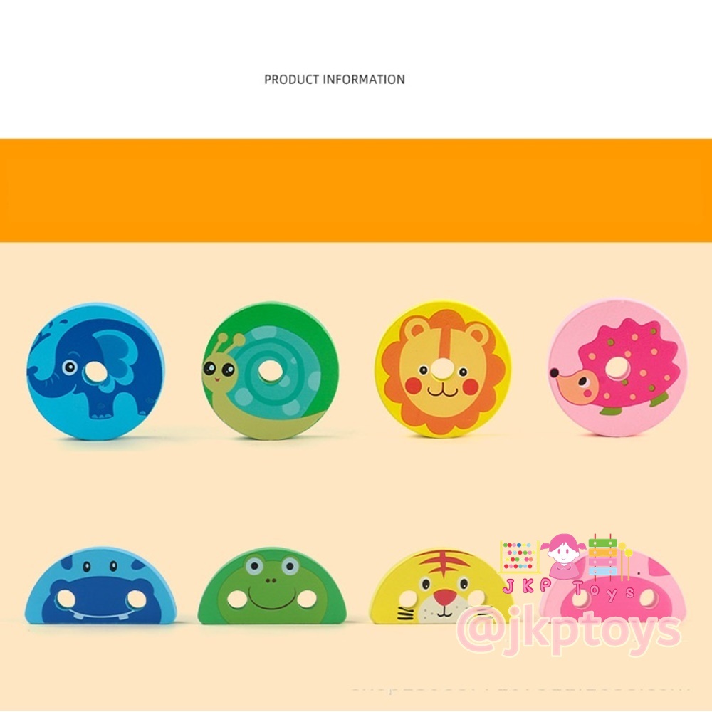 สวมหลักรูปทรงเรขาคณิตลายสัตว์ ของเล่นไม้เสริมพัฒนาการ ของเล่นไม้ทักษะ