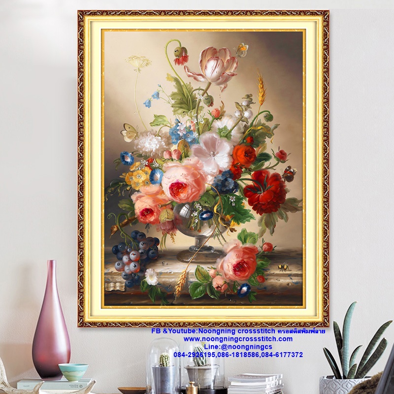 แจกันดอกไม้ ชุดปักครอสติส พิมพ์ลาย ครอสติสจีน งานฝีมือทำที่บ้าน DIY