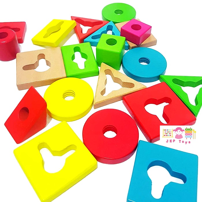 บล็อกไม้รูปทรง สวมหลัก 5 เสา Five Column Building Blocks สำเนา