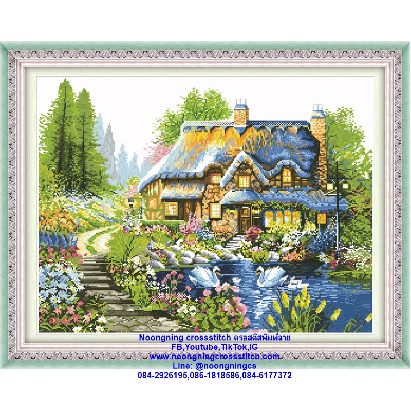 บ้านสวน ริมน้ำ ชุดปักครอสติส พิมพ์ลาย ครอสติสจีน งานฝีมือทำที่บ้าน DIY