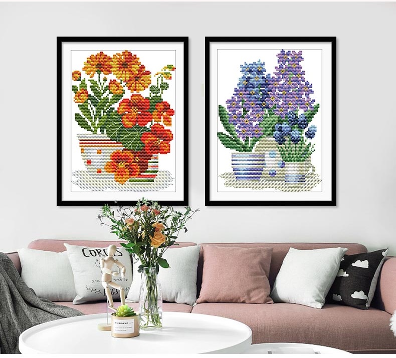 ดอกไม้ในแจกัน ชุดปักครอสติส พิมพ์ลาย ครอสติสจีน งานฝีมือทำที่บ้าน DIY