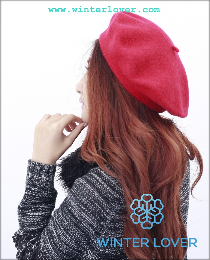 หมวกกันหนาวทรงไบเล่สีแดงสดผ้าวูล100%(พร้อมส่ง)(Free Size)