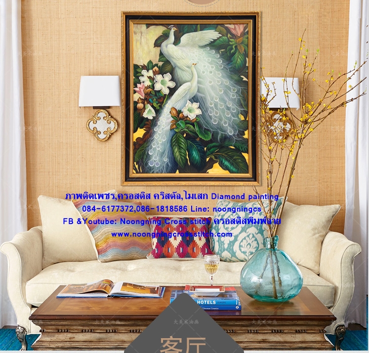นกยูงคู่ ครอสติสคริสตัล Diamond painting โมเสก ภาพติดเพชร งานฝีมือ DIY