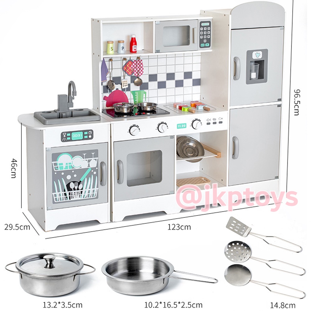 ⭐มีบริการประกอบใฟ้ ชุดครัว+ตู้เย็น สูง 96.5 ซม ไมโครเวฟ เตาอบ อ่างล้างจาน มีเสียง มีไฟ ชุดครัวไม้ของเล่น ชุดครัวเด็ก