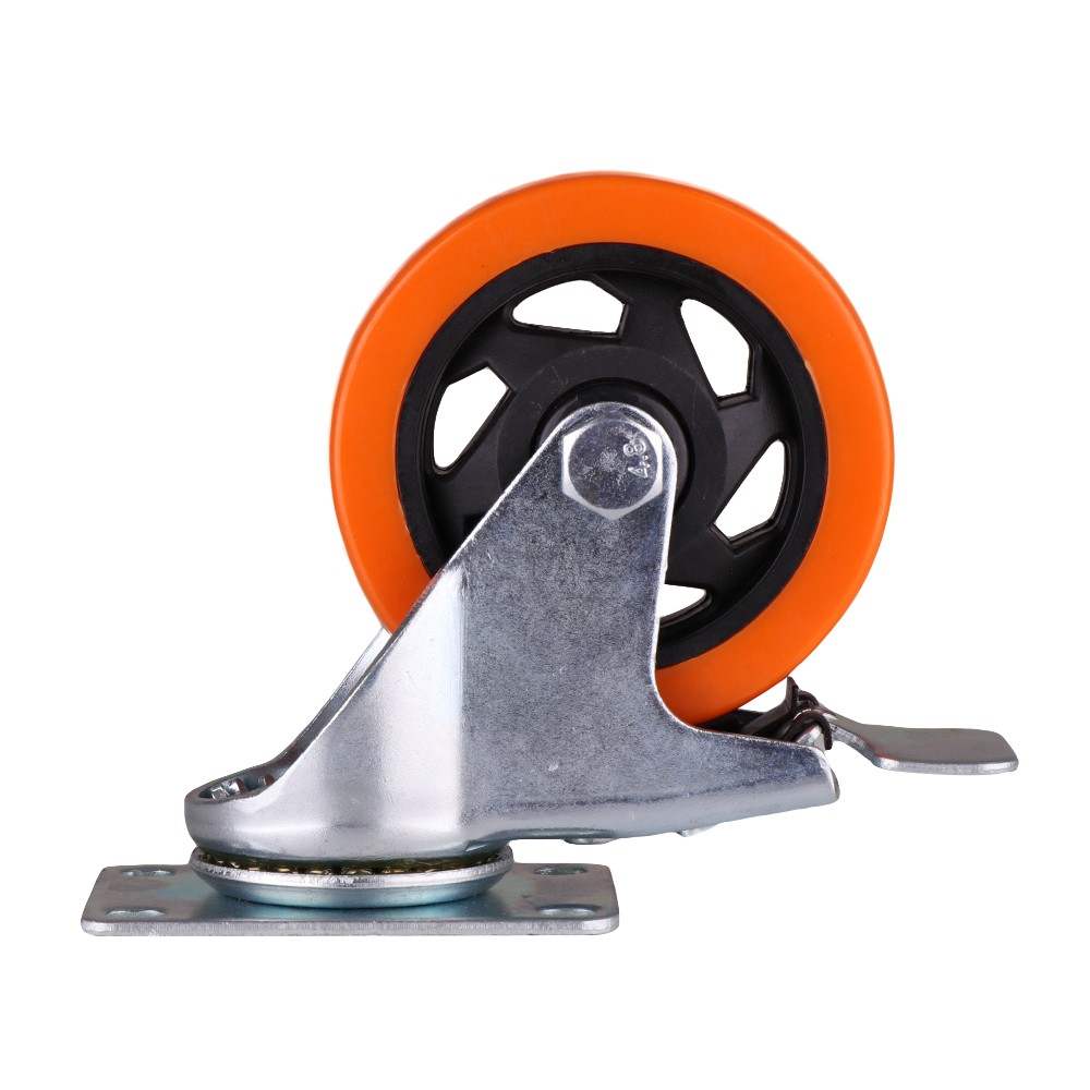 อะไหล่ เฟอร์นิเจอร์ ลูกล้อ POLYURETHANE ORANGE FITT แป้นมีเบรค 4" SWIVEL CASTER WHEEL 4" WITH BRAKE FITT POLYURETHANE