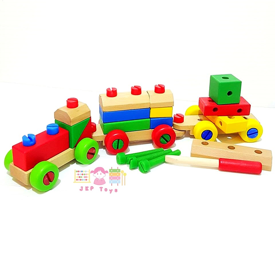 ของเล่นไม้ รถไฟไม้ขันน็อต รถไฟช่าง เซ็ตประกอบรถไฟขันน็อต