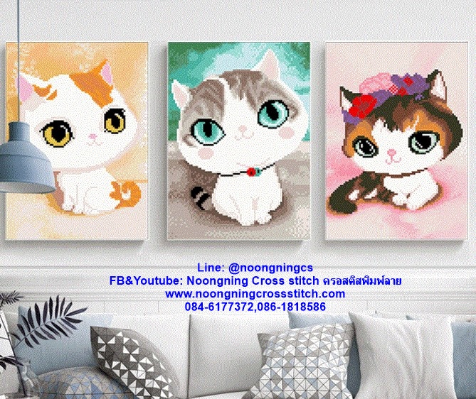 นาฬิกาแมว ชุดปักครอสติส พิมพ์ลาย ครอสติสจีน งานฝีมือทำที่บ้าน DIY