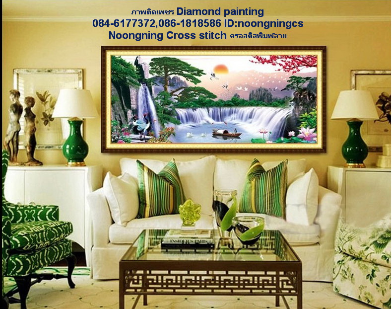 นกยูงคู่ดอกโบตั๋น ครอสติสคริสตัล Diamond painting โมเสก ภาพติดเพชร งานฝีมือ DIY