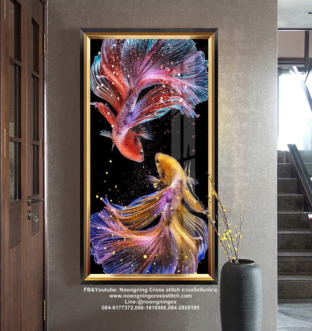 ปลากัดคู่ ครอสติสคริสตัล Diamond painting โมเสก ภาพติดเพชร งานฝีมือทำที่บ้าน DIY