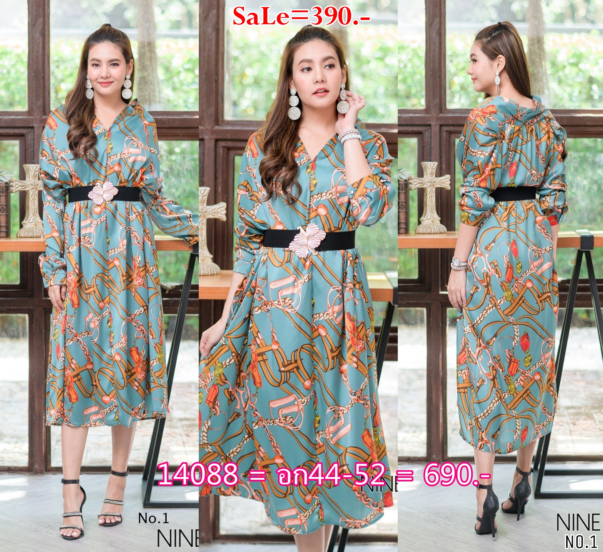 SaLe+++#Nine room 14088 MAXI DRESS - แม๊กซี่เดรสคอถ่วงส่วนด้านหลังจับจีบ เป็นทรงปล่อยๆ ใช้ผ้าซาตินผสมซิลล์เกรดพรีเมี่ยม(PREMIUM SATIN MIX SILK) ซึ่งรวมเอาคุณสมบัติที่ดีของผ้าทั้งสองแบบ ทำให้ตัวผ้าให้ผิวสัมผัสดี นุ่ม ใส่สบายมาก โดดเด่นด้วยงานพิมพ์สไตล์ไฮแบ