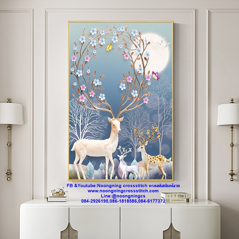 ครอบครัวกวาง มงคล ชุดปักครอสติส พิมพ์ลาย ครอสติสจีน งานฝีมือทำที่บ้าน DIY