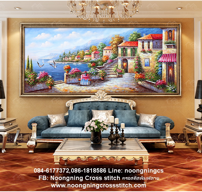 หมู่บ้านริมทะเล ชุดปักครอสติช พิมพ์ลาย ครอสติสจีน งานฝีมือ DIY