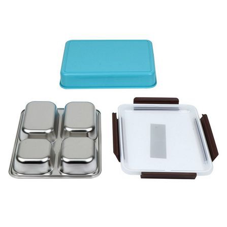 กล่องอาหารเหลี่ยม KEY WAY 4 ช่อง 1.5 ลิตร สเตนเลส เก็บอาหารโดยไม่มีกลิ่นออกมารบกวน