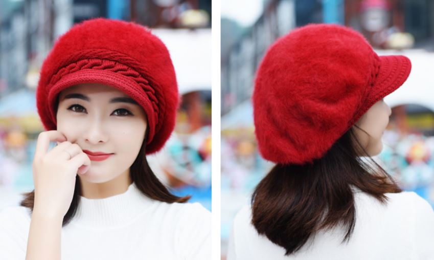 หมวกปิดหูกันหนาวสีแดงไหมพรมบุขนด้านใน2ชั้น