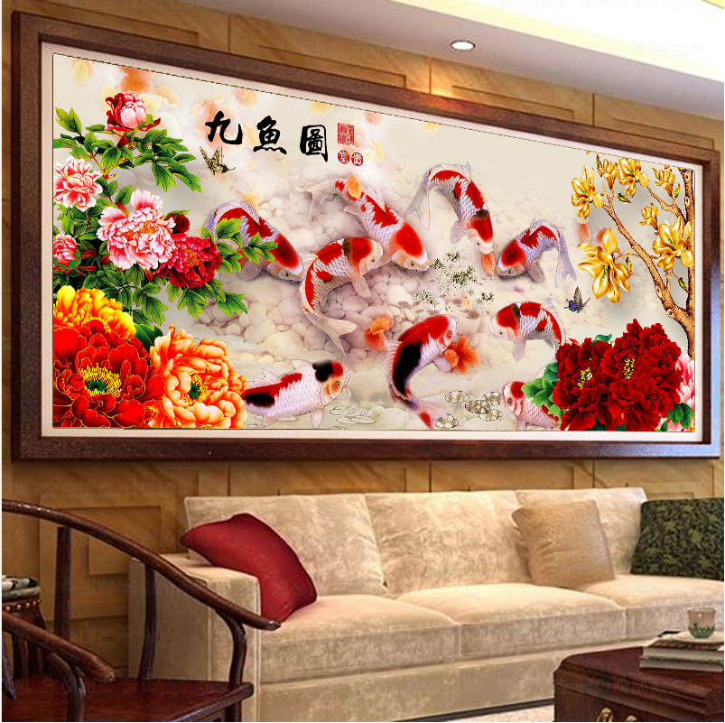 ปลาคราฟ9ตัวมงคล ชุดปักครอสติส พิมพ์ลาย ครอสติสจีน งานฝีมือทำที่บ้าน DIY