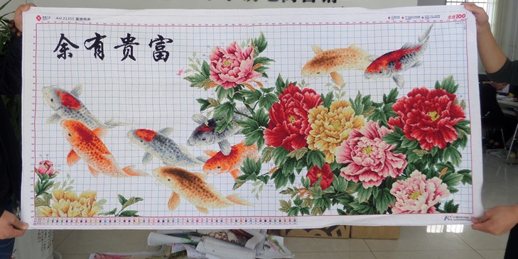 ปลาคราฟ 9ตัว ดอกโบตั๋น ชุดปักครอสติช พิมพ์ลาย ครอสติสจีน งานฝีมือ DIY