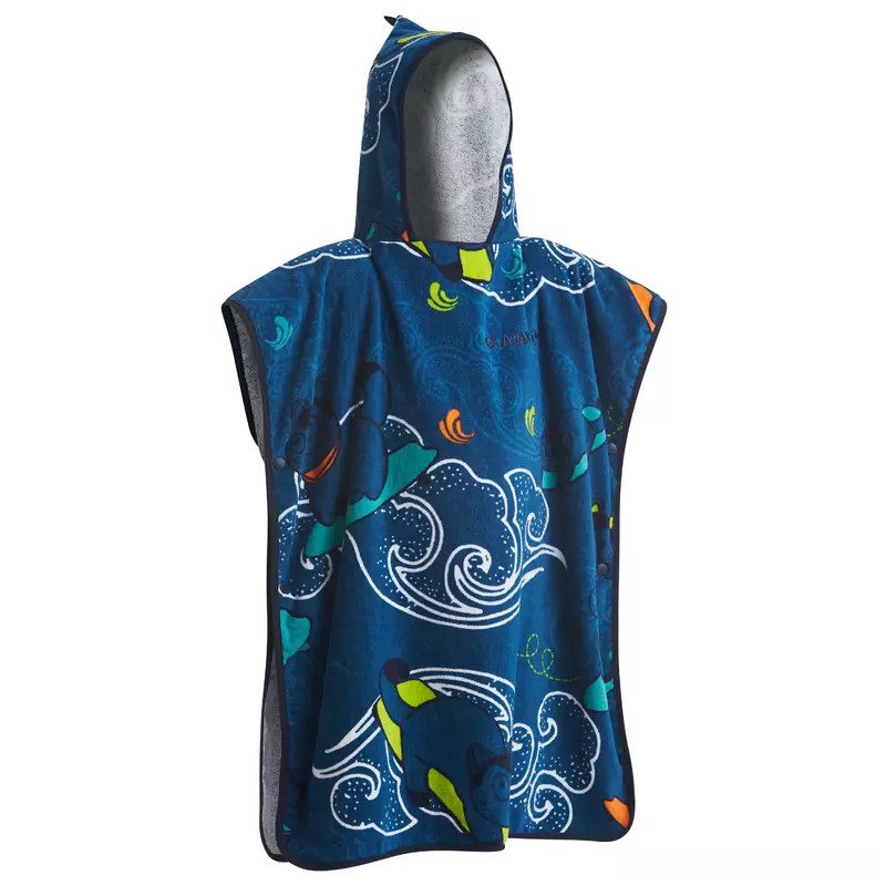OLAIAN เสื้อปอนโชโต้คลื่นสำหรับเด็กรุ่น 500 (110 ถึง 135 ซม.) (ลายท้องฟ้า)